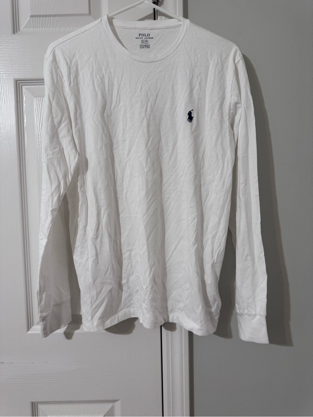 Polo by Ralph Lauren White Long-Sleeve Crew Shirt with Navy Logo Size S